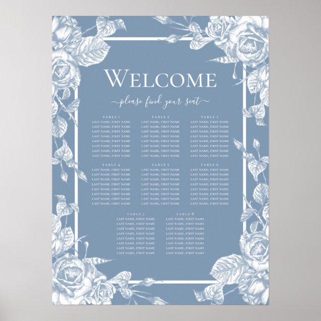 Dammblå Blommig Placeringsplan Poster (Framsidan)