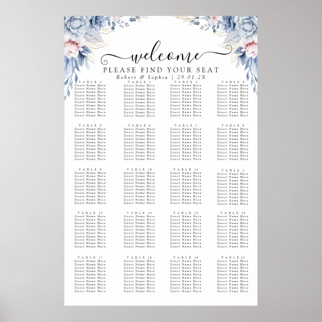 Dammblå Blommig Placeringsplan Poster (Framsidan)