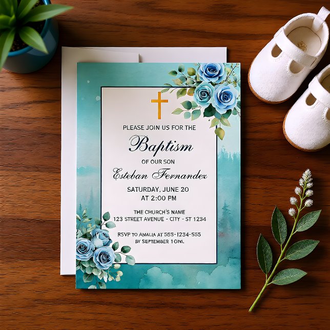 Dammblå Blommig Pojke Dop Religiös Inbjudningar (Skapare uppladdad)
