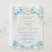 Dammblå Blommig Quinceañera Inbjudan | Elegant