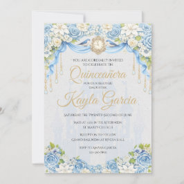 Dammblå Blommig Quinceañera Inbjudan | Elegant