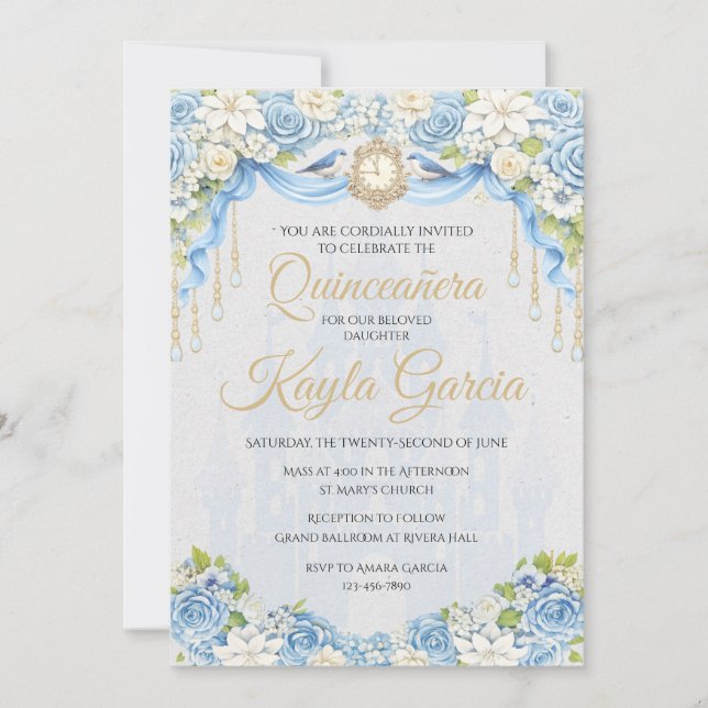 Dammblå Blommig Quinceañera Inbjudan | Elegant (Framsida)