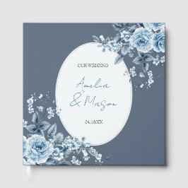 Dammblå Blommig Skrift Elegant Bröllop Gästböcker