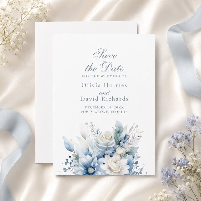 Dammblå Blommig Spara Datum-kort Datumet (Dusty Blue Floral Save the Date Card)