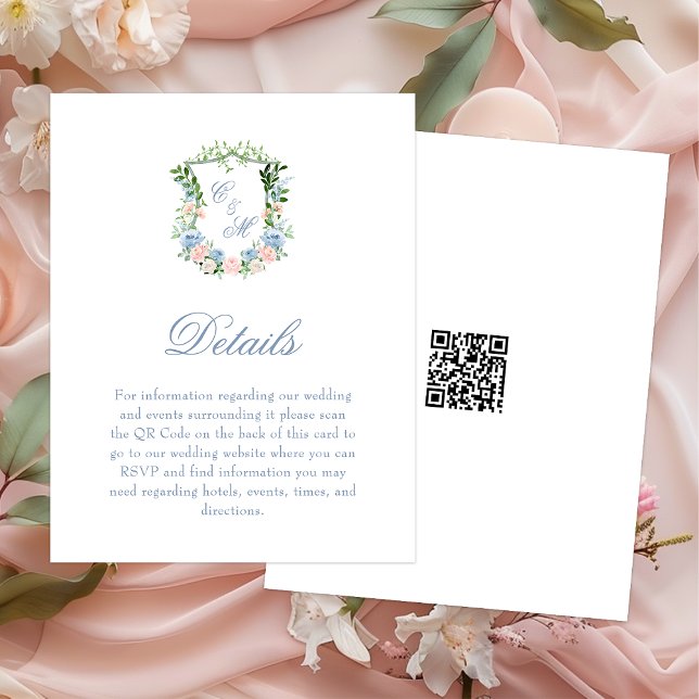 Dammblå Blommig Vapensköld Bröllopsdetaljer Tilläggskort (Skapare uppladdad)