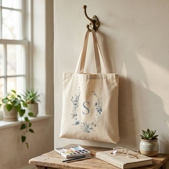 Dammblå Blommig Vårgrönska Namn Monogram Tygkasse (Skapare uppladdad)