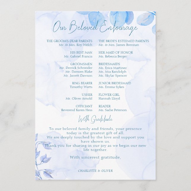 Dammblå Blommig Vattenfärg Bröllopsprogram Dag Program (Baksida)