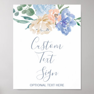 Dammblå blommig vigsel anpassad text skylt
