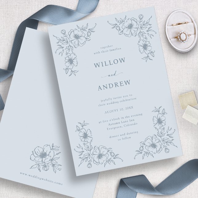 Dammblå Blommig Vintage Bröllopsinbjudan Inbjudningar (Dusty Blue Floral Vintage Wedding Invitation
)