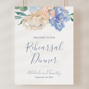 Dammblå blommor Rehearsal Dinner Välkomstskylt Poster