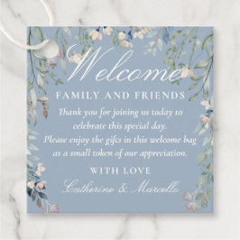 Dammblå blomsterbröllop välkomstpresentkorgväska gåvor etiketter