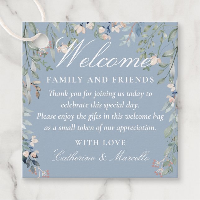 Dammblå blomsterbröllop välkomstpresentkorgväska gåvor etiketter (Framsida)