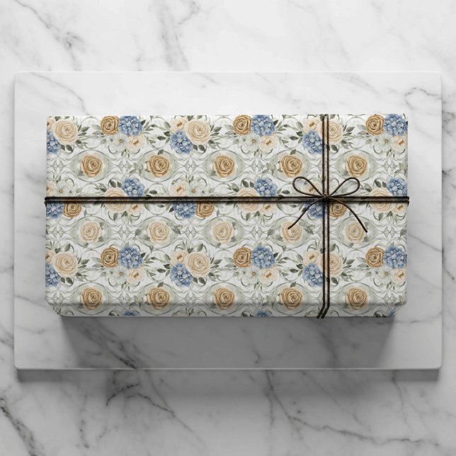 Dammblå blomsterbröllopspresentförpackningspapper presentpapper (Skapare uppladdad)