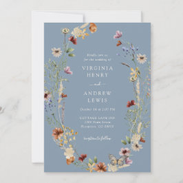 Dammblå Boho Blommig Bröllop Inbjudningar