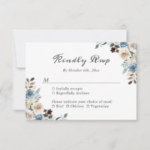Dammblå Boho Blommig Bröllops-RSVP-Kort