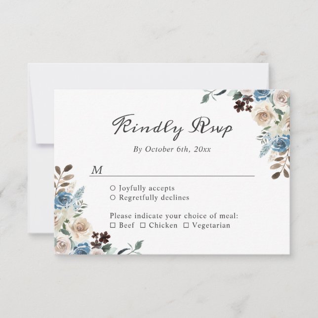 Dammblå Boho Blommig Bröllops-RSVP-Kort OSA Kort (Framsida)