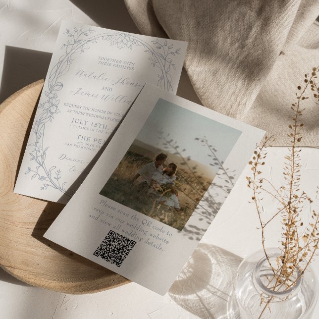 Dammblå Boho Blommig QR-kod Foto Bröllop Inbjudningar (Skapare uppladdad)