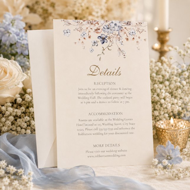 Dammblå Botanisk Bröllopsinformationskort Inbjudningar (Dusty Blue Botanical Wedding Details Card)