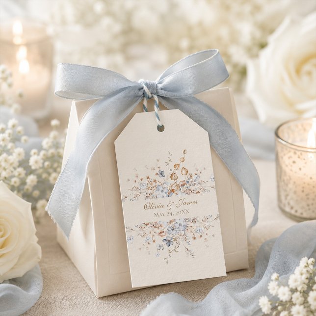 Dammblå Botanisk Bröllopspresenttagg Presentetikett (Dusty Blue Botanical Wedding Favor Tag)