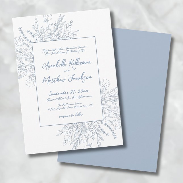 Dammblå Botanisk Elegant Bröllop Inbjudningar (Dusty Blue Romantic Botanical Elegant Wedding Invitation)