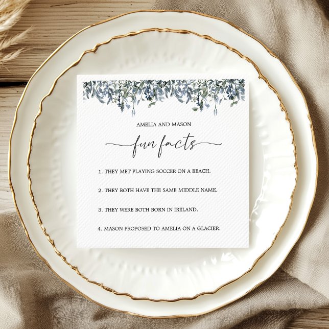 Dammblå Botanisk Grönska Roligheter Bröllop Pappersservett (Dusty Blue Botanical Greenery Fun Facts Wedding Napkins)