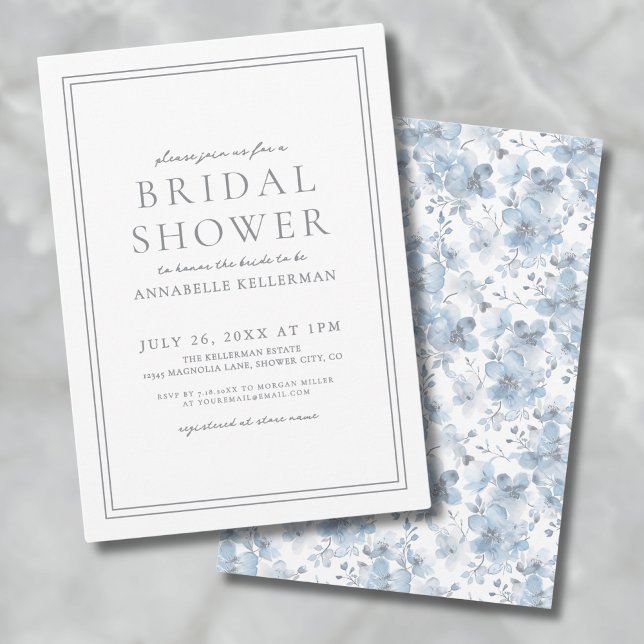 Dammblå Botanisk Klassisk Elegant Bröllopsdusch Inbjudningar (Dusty Blue Botanical Classic Elegant Bridal Shower Invitation)