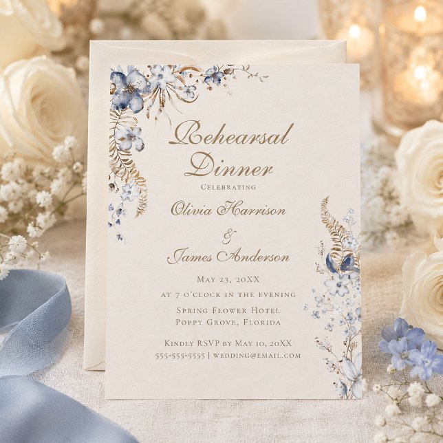 Dammblå botanisk repetitionsmiddagsinbjudan inbjudningar (Dusty Blue Botanical Rehearsal Dinner Invitation)