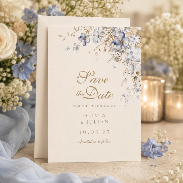 Dammblå botanisk Save the Date-kort Inbjudningar (Dusty Blue Botanical Save the Date Card)