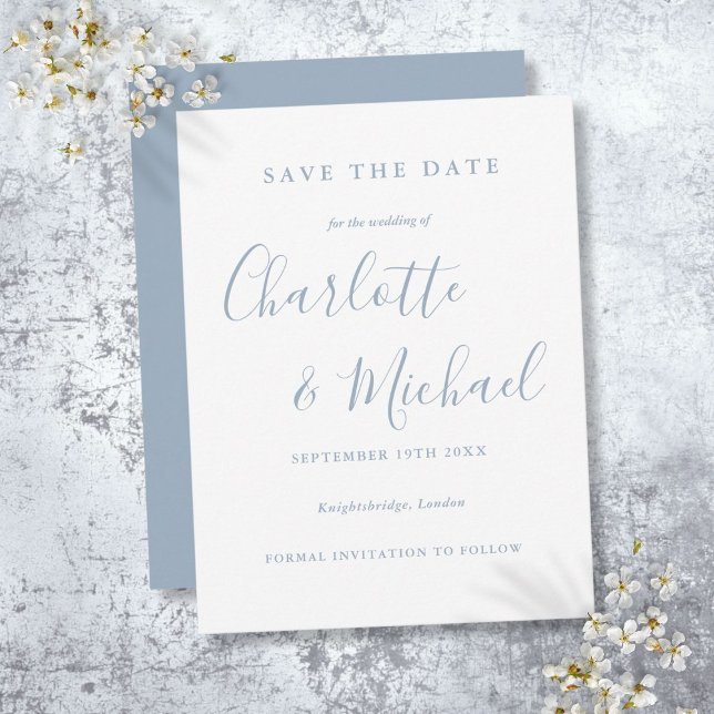 Dammblå bröllopskort - Spara datumet Vykort (Dusty Blue Script Wedding Save the Date Postcard)