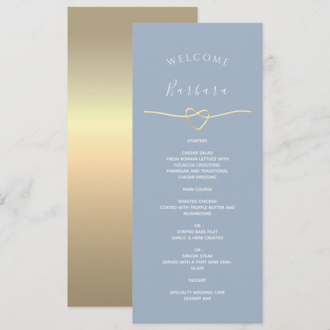 Dammblå Bröllopsmeny med Gästnamn Meny (Fram/baksida)