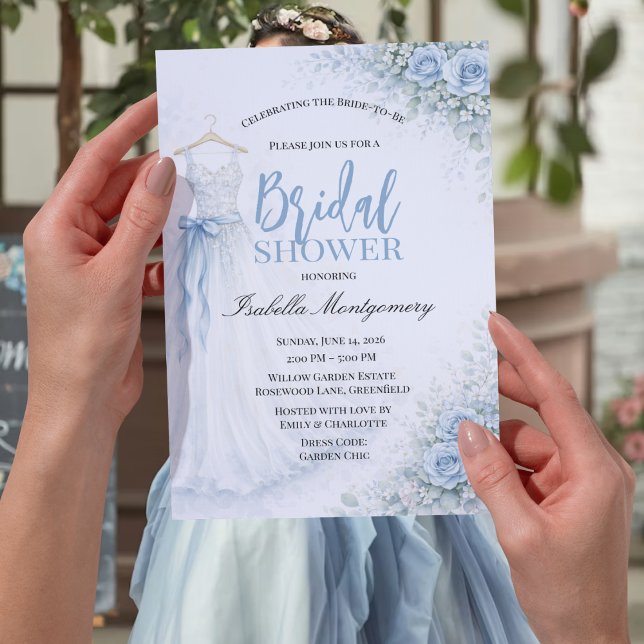Dammblå brudtärna klänning bröllopsdusch inbjudningar (Dusty Blue Bridesmaid Dress Bridal Shower Invitation
)
