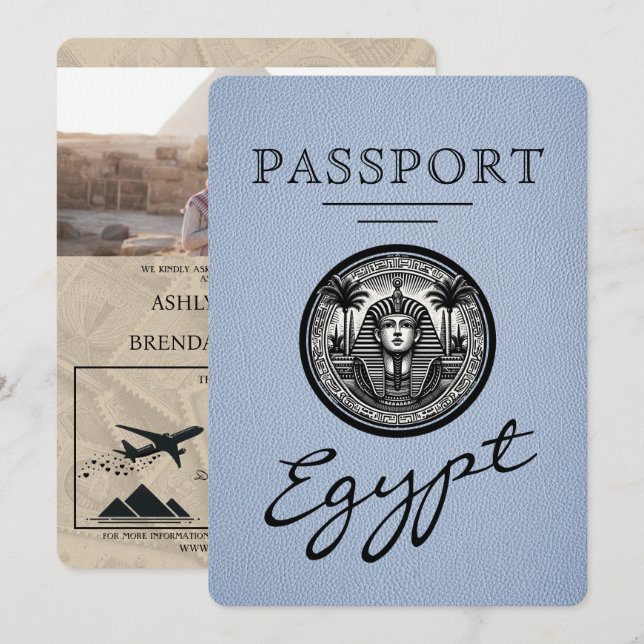 Dammblå egyptiskt pass bröllopsinbjudan inbjudningar (Fram/baksida)
