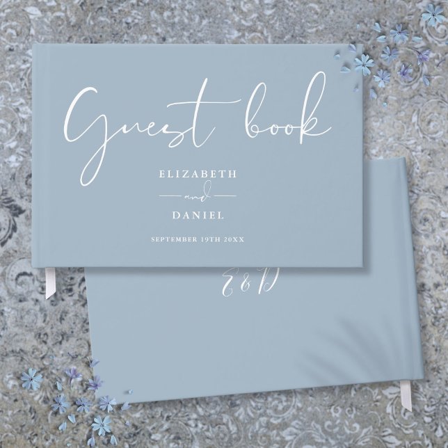 Dammblå Elegant Bröllopsskrift Gästböcker (Dusty Blue Elegant Script Wedding Guest Book)