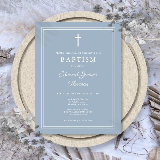 Dammblå elegant dopfödelsedagsinbjudan med ram vykort (Dusty Blue Elegant Border Baptism Invitation Postcard)