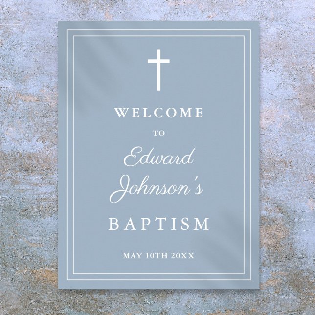 Dammblå elegant kant Dop Välkomstskylt Poster (Dusty Blue Elegant Border Baptism Welcome Sign)