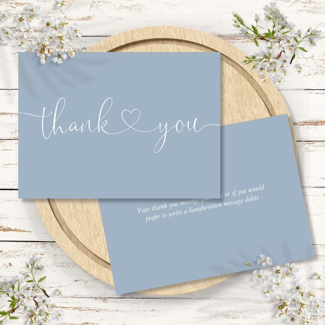 Dammblå elegant minimalist script hjärta tack kort (Dusty Blue Elegant Minimalist Script Heart Thank You Card)