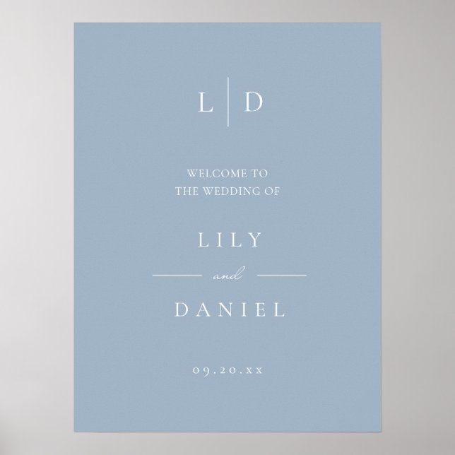 Dammblå Elegant Monogram Bröllopsväxkomstskylt Poster (Framsidan)