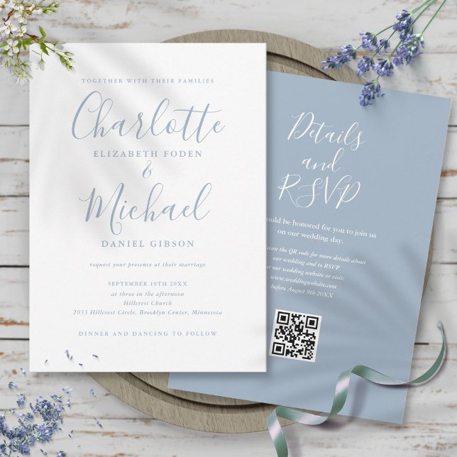 Dammblå elegant skrift QR-kod bröllop Inbjudningar (Dusty Blue Elegant Script QR Code Wedding Invitation)
