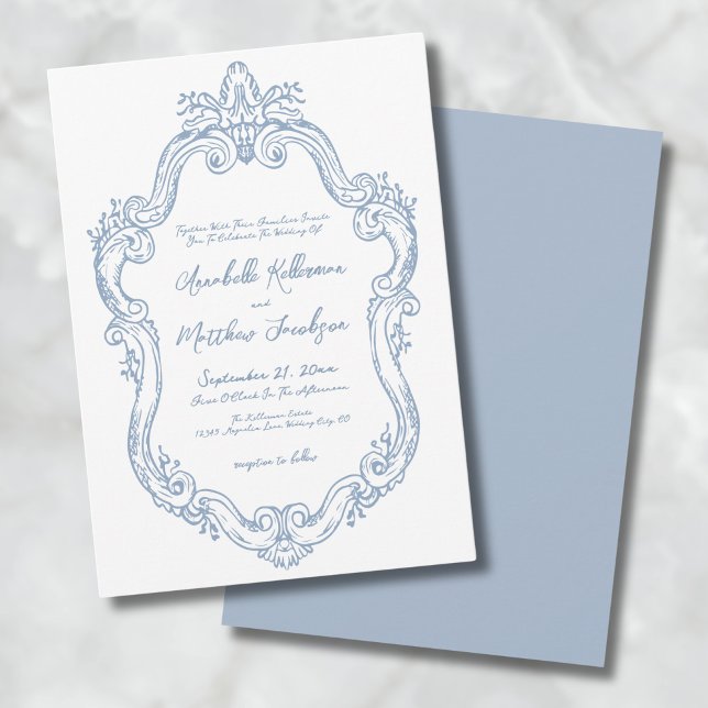 Dammblå Elegant Utsmyckad Vintage Bröllop Inbjudningar (Dusty Blue Elegant Ornate Vintage Wedding Invitation)