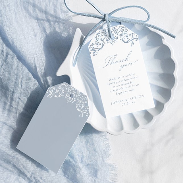 Dammblå Elegant Vintage Skript Tack Presentetikett (Dusty Blue Elegant Vintage Script Thank You Gift Tags)
