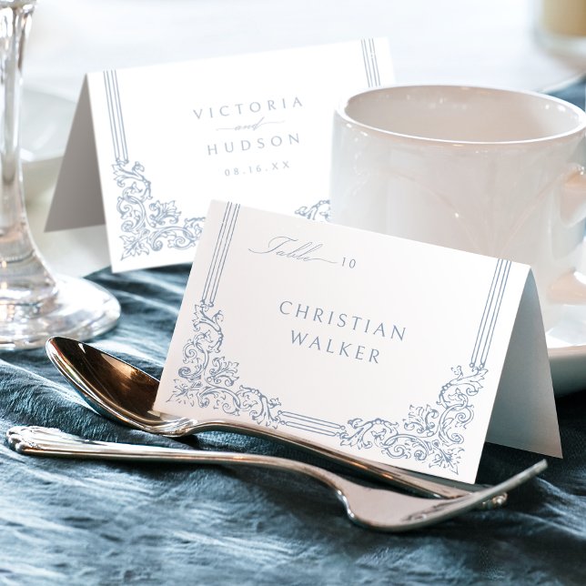 Dammblå Elegant Vintage Vikbar Platskort Bordsnummer (Dusty Blue Elegant Vintage Foldable Place Card)
