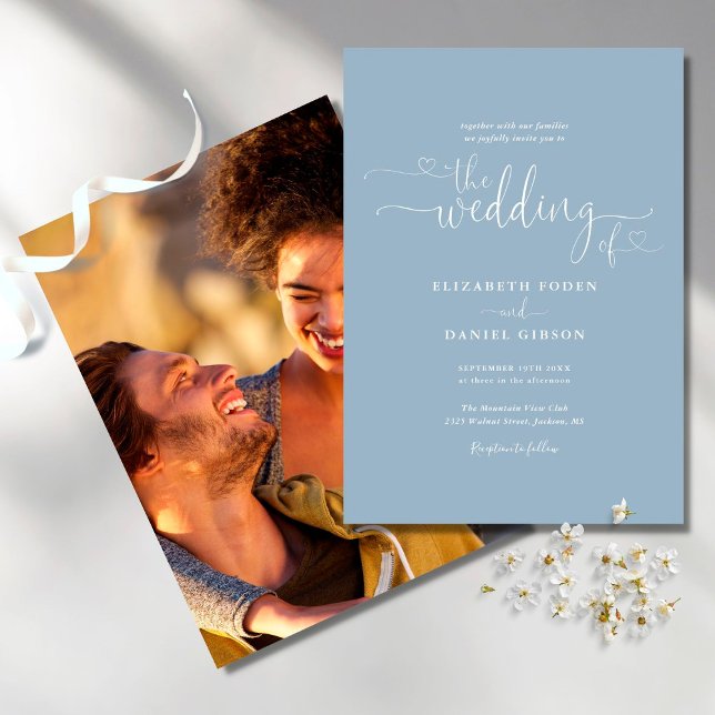 Dammblå Eleganta Hjärtan Skript Foto Bröllop Inbjudningar (Skapare uppladdad)