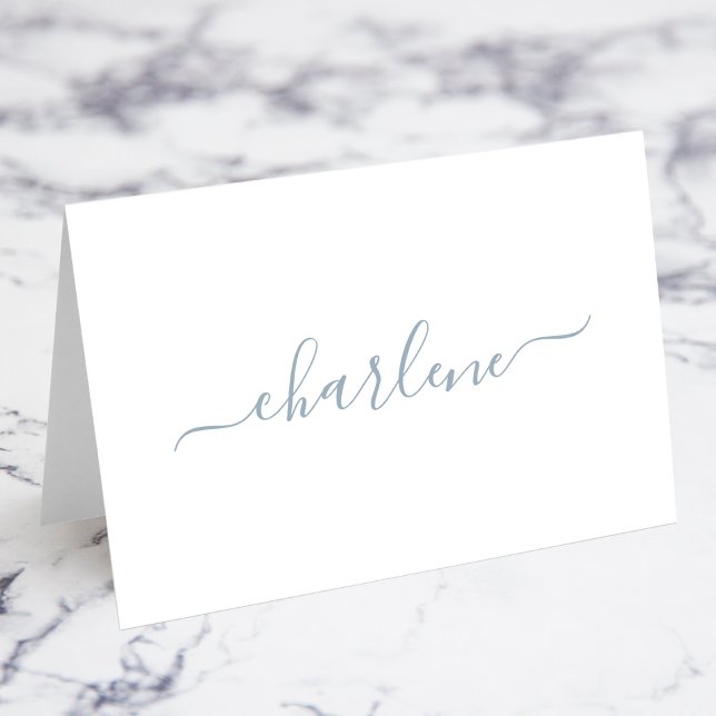 Dammblå Eleganta Signatur Namnskort Bordsnummer (Dusty Blue Elegant Signature Script Individual Name Fold Your Own Place Cards)