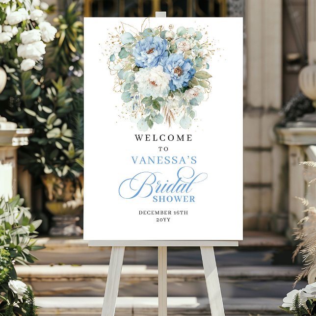 Dammblå Eukalyptus Bröllopsdusch Välkommen Poster (Dusty Blue Eucalyptus Bridal Shower Welcome)