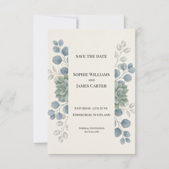 Dammblå Eukalyptus Save The Date-kort Spara Datumet (Framsida)