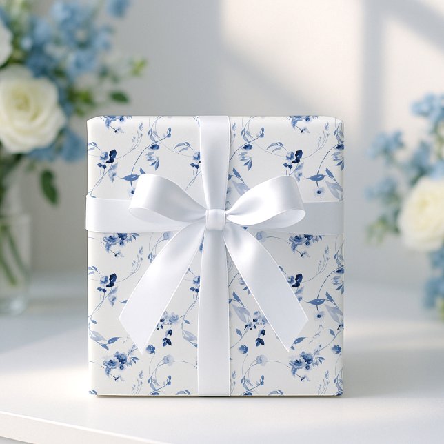 Dammblå fint konstnärligt blommigt bröllopspresent presentpapper (Skapare uppladdad)