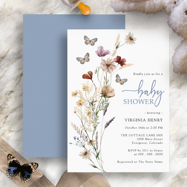 Dammblå Fjärils Baby Shower Inbjudan (Boho Wildflowers Butterfly Blue Baby Shower Invitation by Painted Paperie
)