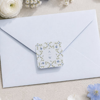 Dammblå folklig blomsterbryllupmonogram fyrkantigt klistermärke