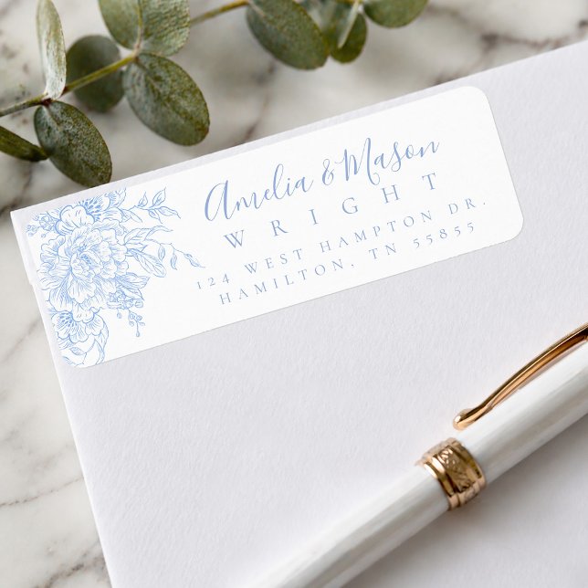 Dammblå fransk blomsterinspirerad bröllopsadress m returadress etikett (Dusty Blue French Floral Script Wedding Address Label)