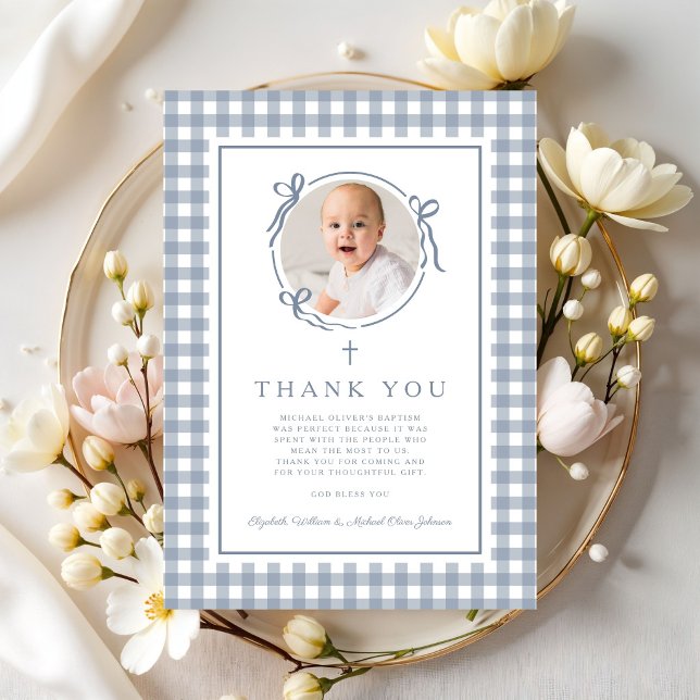 Dammblå Gingham Foto Pojke Dop Tack Kort (Navy Blue Gingham Photo Boy Baptism Thank You Card)